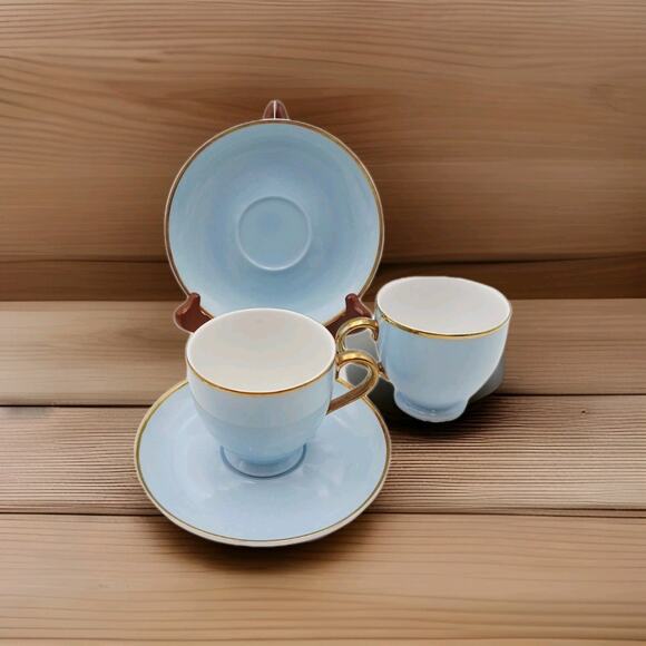 Ralph Lauren Hampton’s Tea Sky Blue with Gold Trim CUPS & SAUCERS Set Of 2 Vtg - Picture 1 of 10